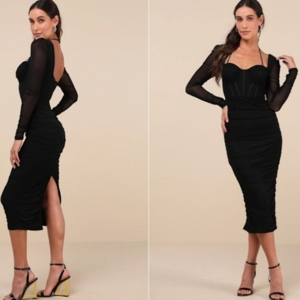 Lulus Dramatic Demure Mesh Halter Bustier Midi Dress Small New Black Party